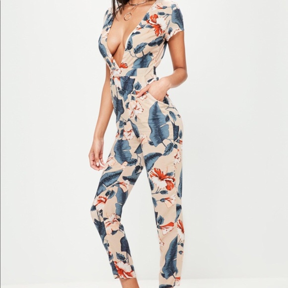 Jumpsuit summer tropical floral print plunge